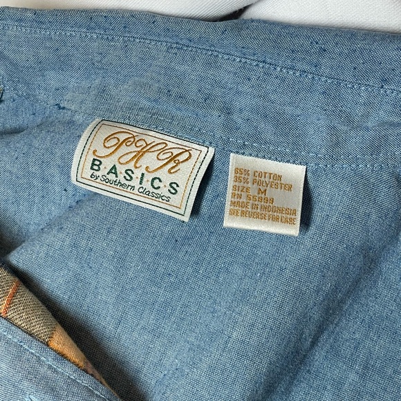 Colorful yellow orange red Plaid flannel on chambray blue Button Down Shirt M - Picture 2 of 5